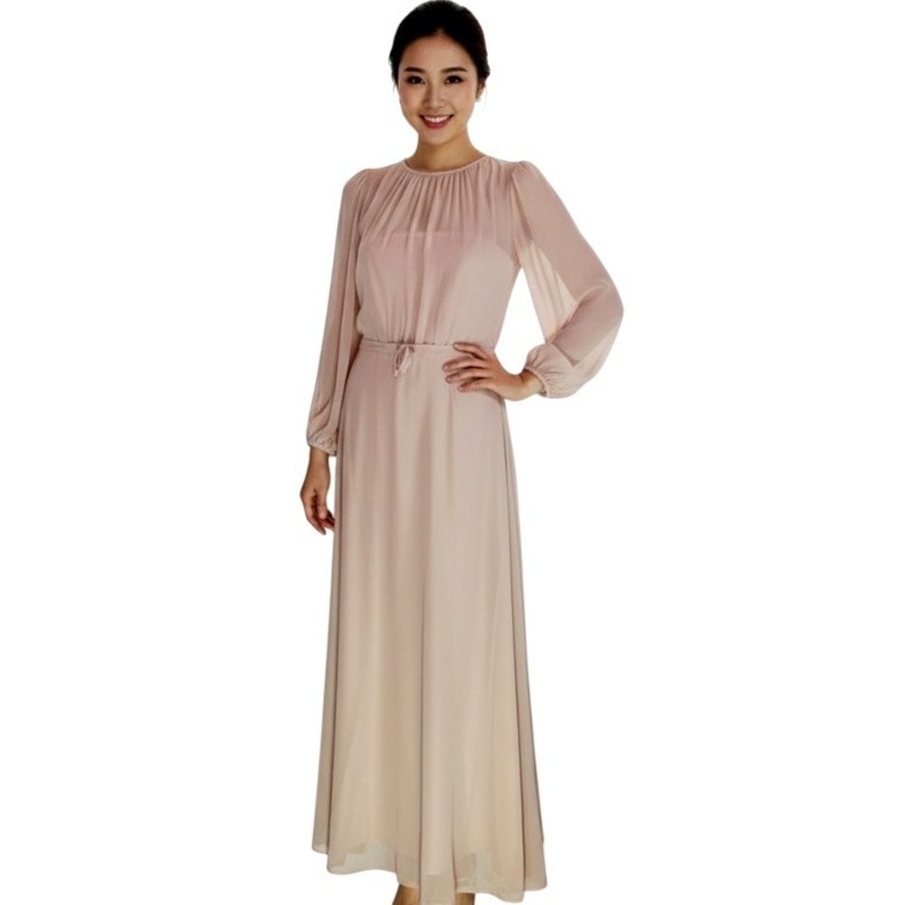 Dessy Collection Dress‎ Womens 4 Pink Chiffon Maxi Long Sleeve Bridesmaid Gown